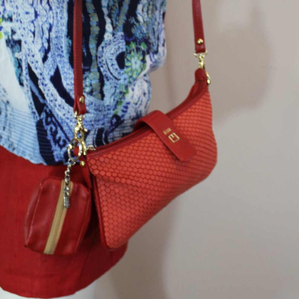Jafferjees 1880 Arissa shoulder mini bag  key red  Leather trim  15 x 25.5cm